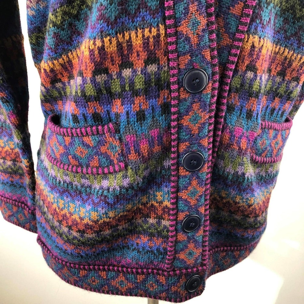 Vintage Peruvian Connection Handmade 100% Alpaca Mixed Print Cardigan Petite - Picture 4 of 10